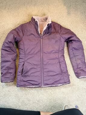 Athleta Girl Reversible Puffer Jacket Purple Lavender Faux Fur Quilted Size S/7